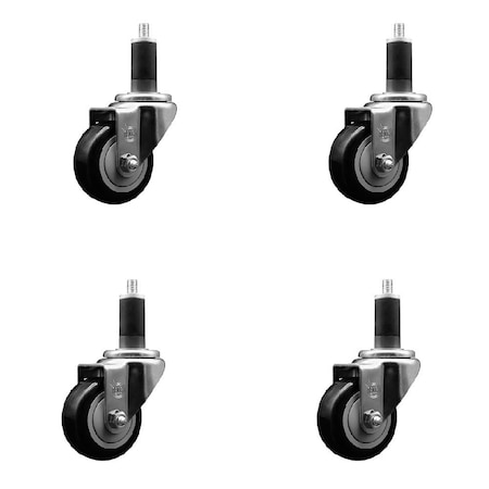 Service Caster 3'' Black Poly Wheel Swivel 1-1/4'' Expanding Stem Caster Set, 4PK SCC-EX20S314-PPUB-BLK-114-4